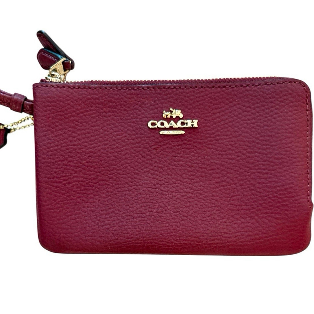 Coach DOUBLE Pebble Leather Burgundy Double Dual Zip Wallet Wristlet